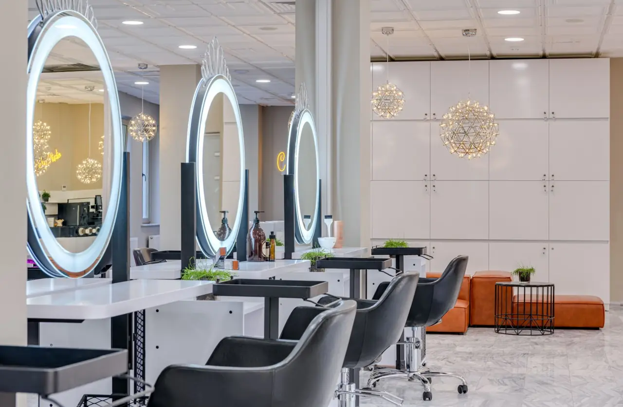 Bright salon with styling stations